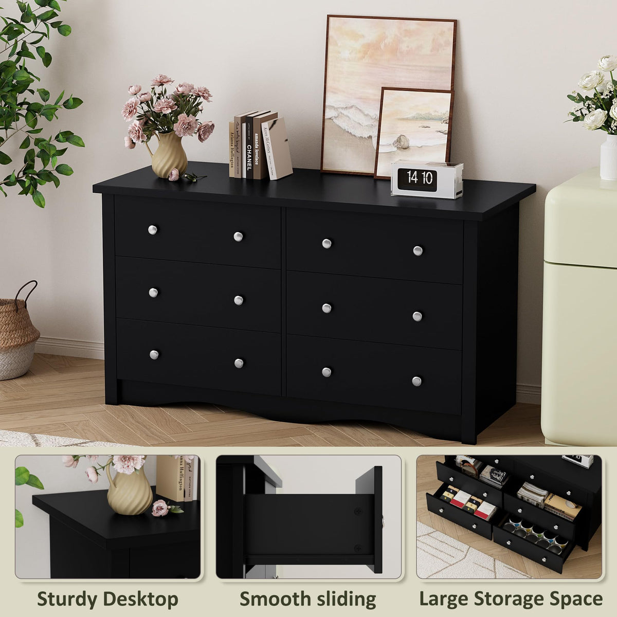 Black 6 Drawer Wood Dresser O6229
