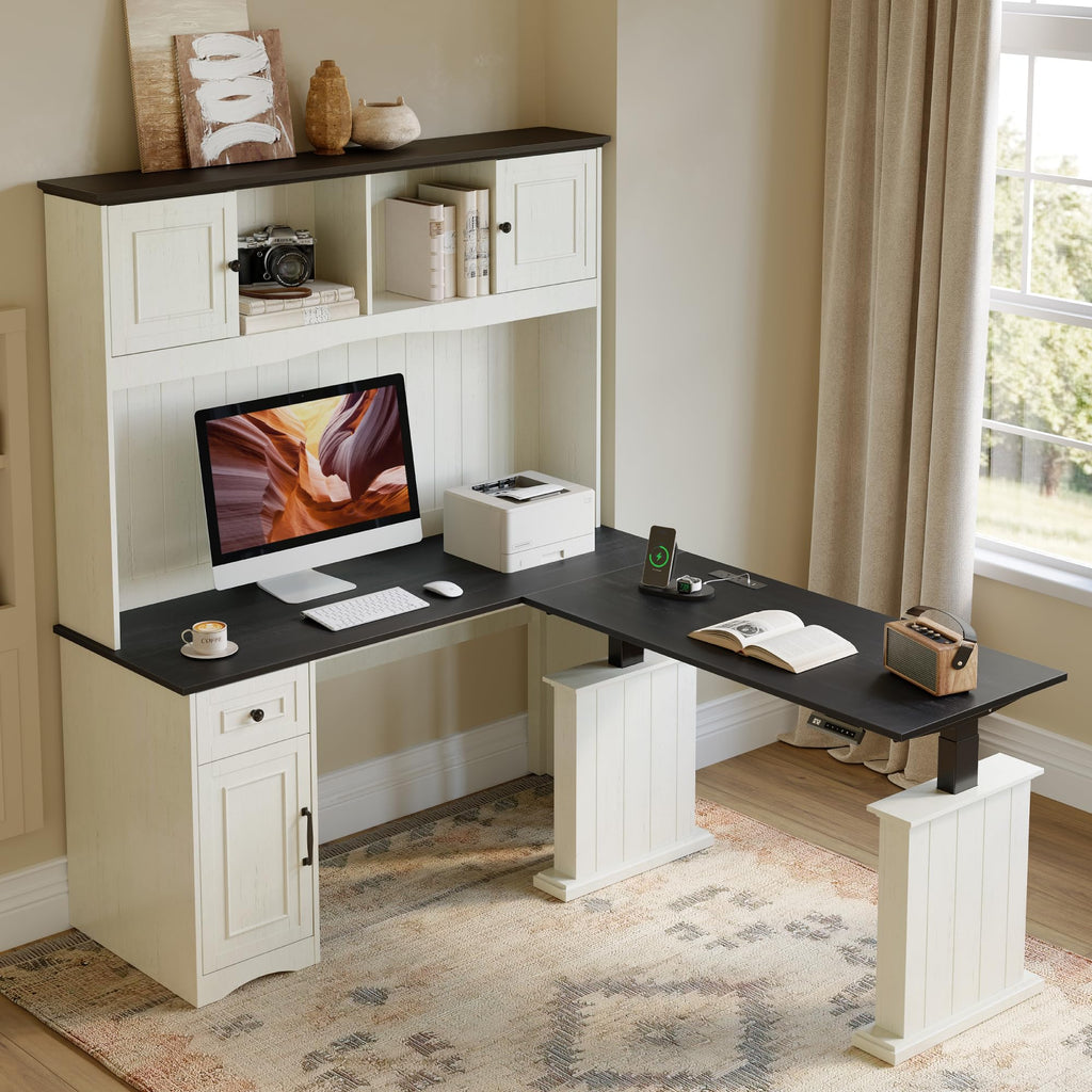 L Shaped Electric Standing Desk with Hutch and Drawers D673973