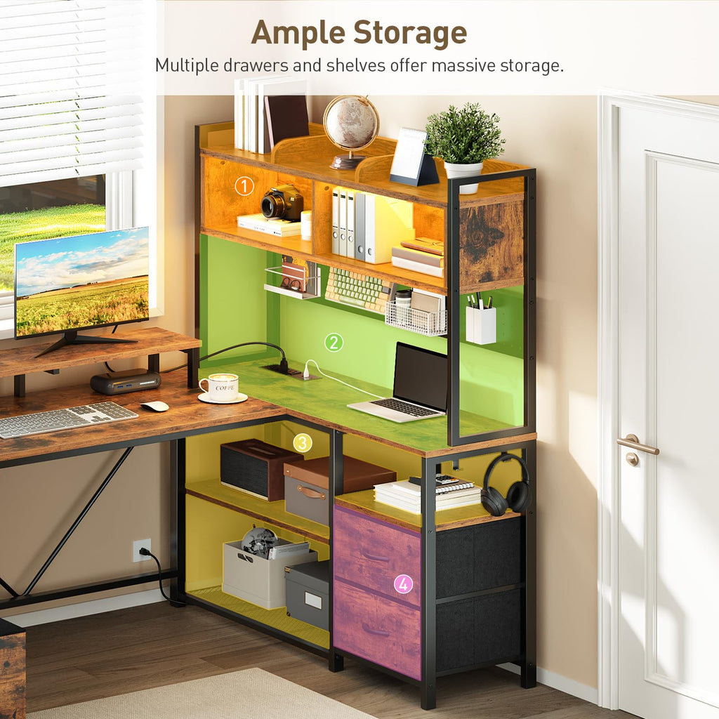 L Shaped Gaming Desk with Storage Drawers & Shelves T628108