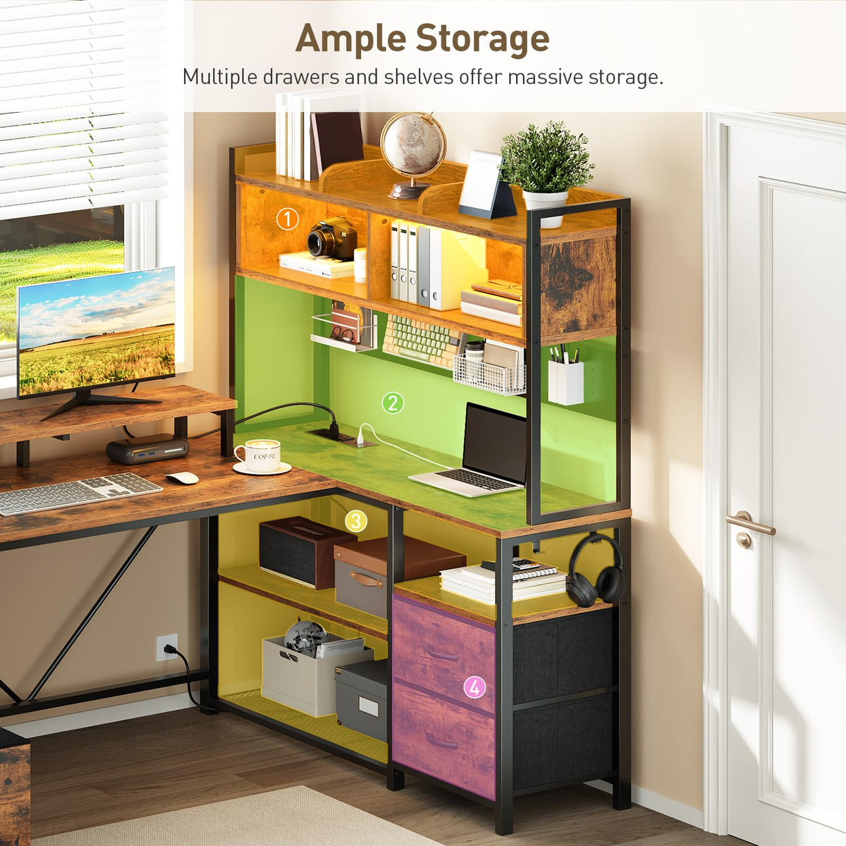 L Shaped Gaming Desk with Storage Drawers & Shelves T628108