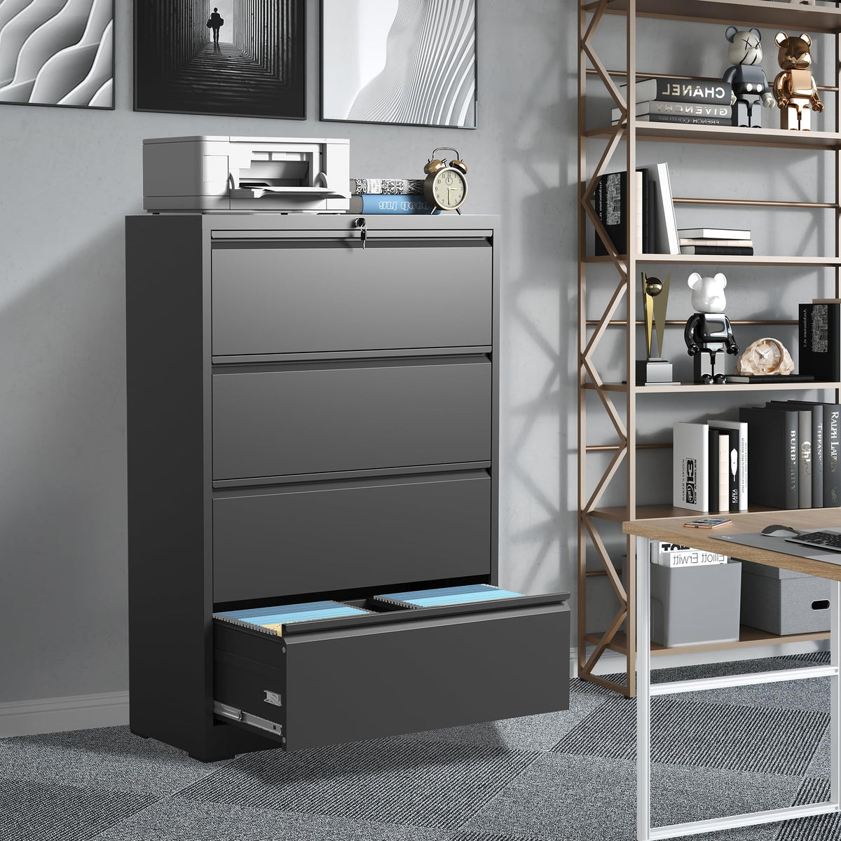 Black 4 Drawer Metal Lateral File Cabinet with Lock G13504