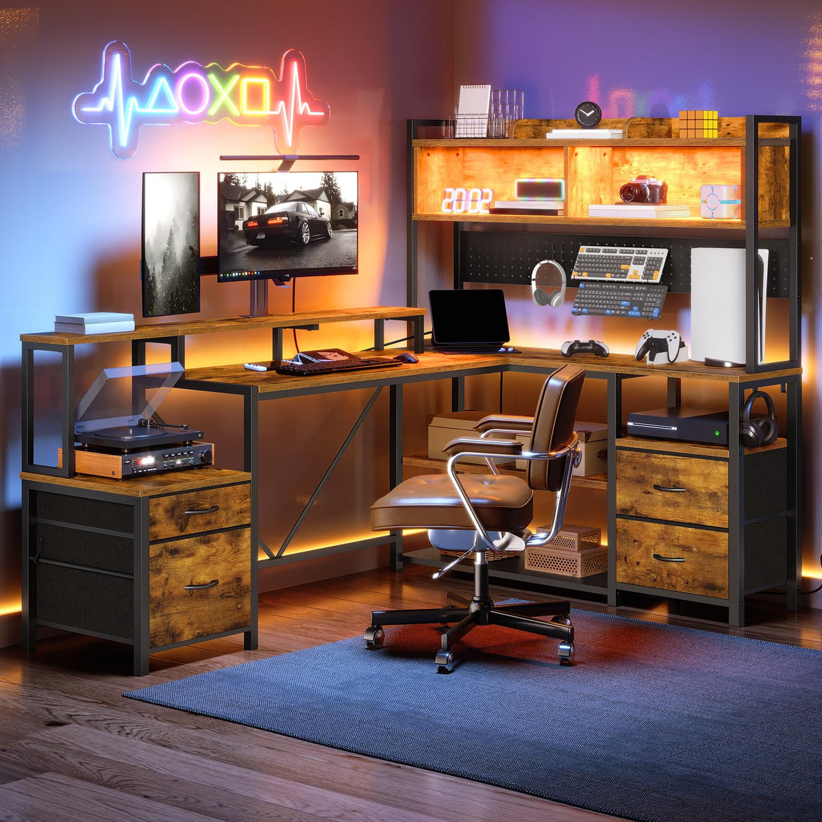 L Shaped Gaming Desk with Storage Drawers & Shelves T628108