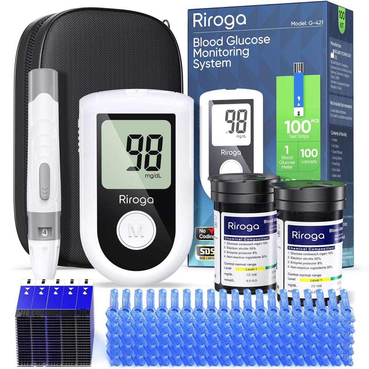 Blood Glucose Monitor Kit with 100 Strips, 100 Lancets, Lancing Device, No Coding H143170