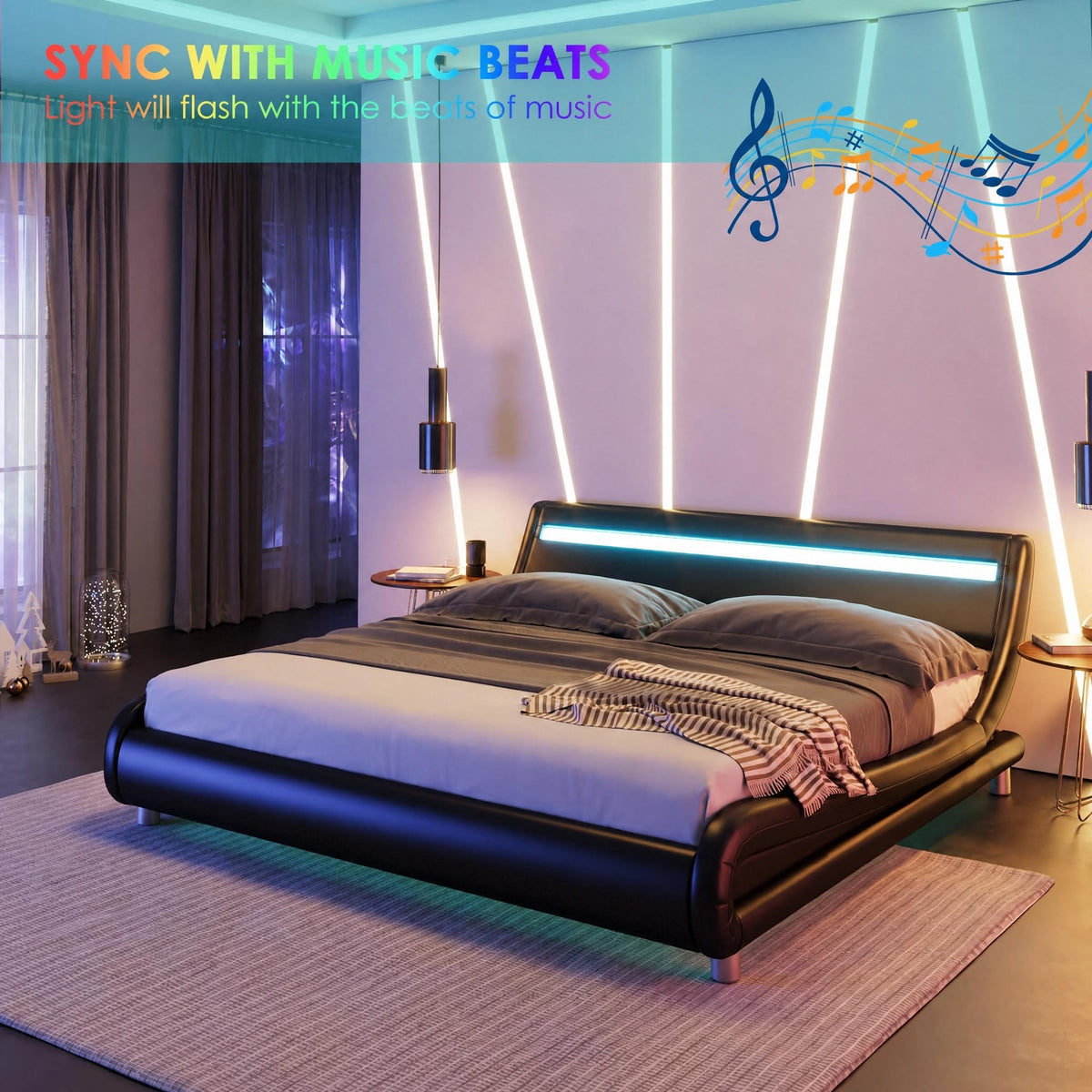 Black Upholstered Full LED Platform Bed Frame with Headboard O9245