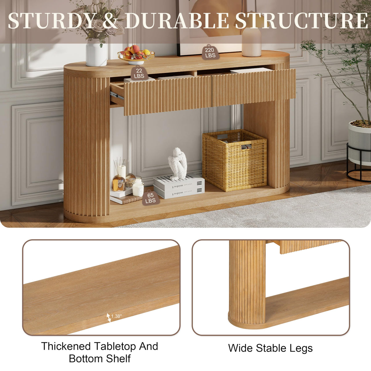 Fluted Console Table 2 Drawers Wood Natural Q251218
