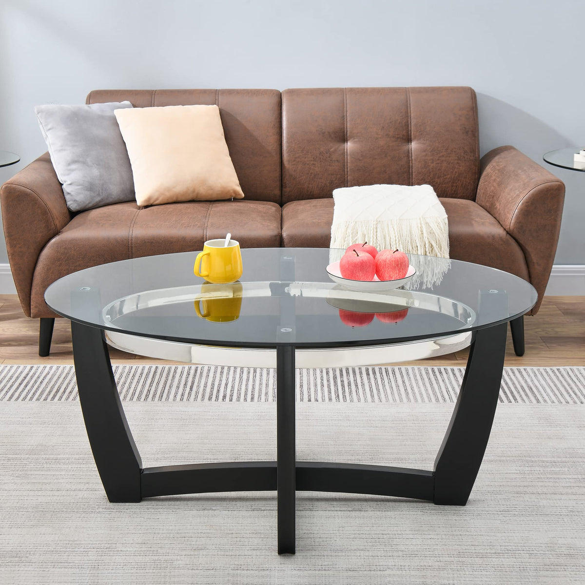 Glass Coffee Table with Solid Wood Base, 43.3''L x 29.5''W x 20.1''H B6554