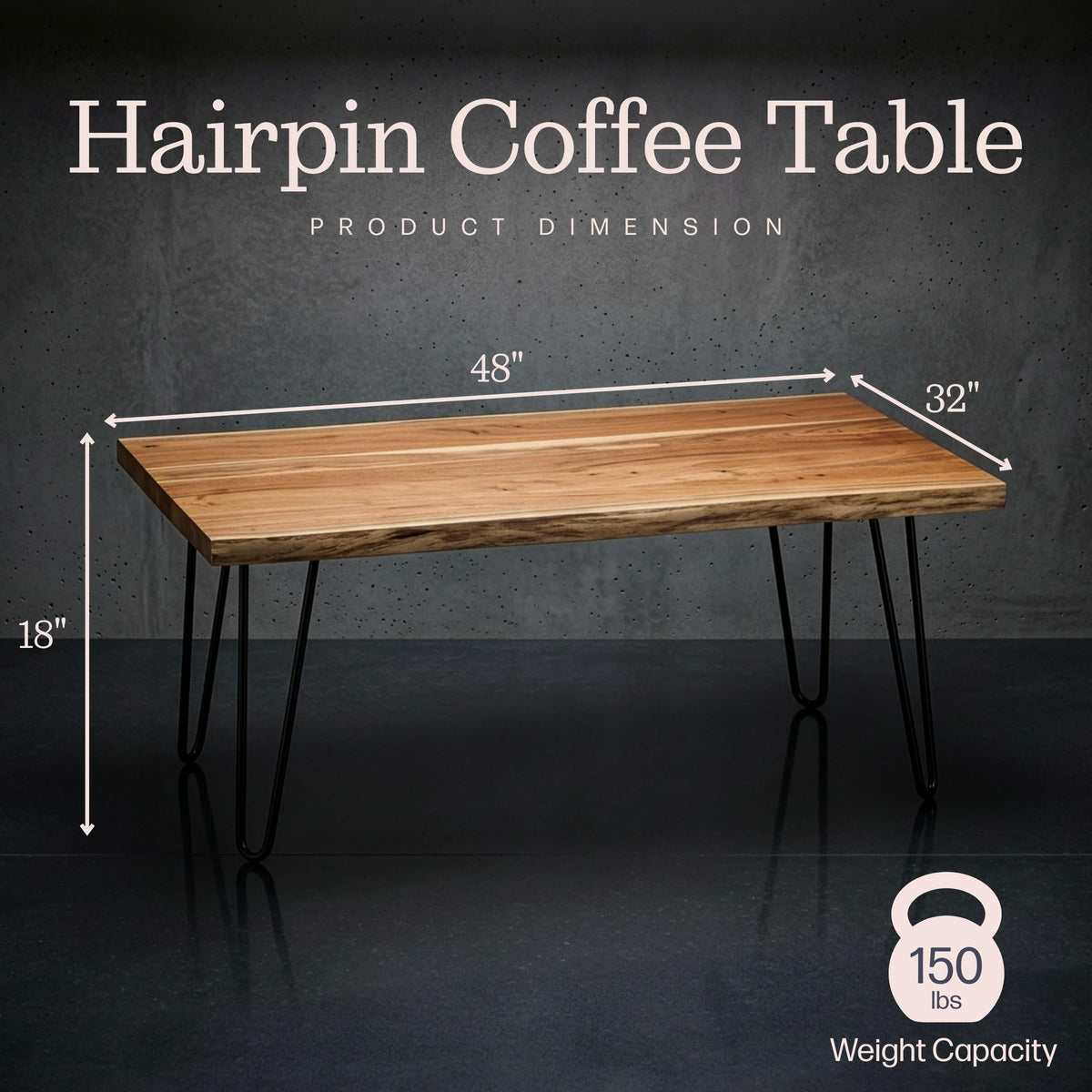 Solid Wood Coffee Table with Hairpin Metal Legs, 48 Inch V476817