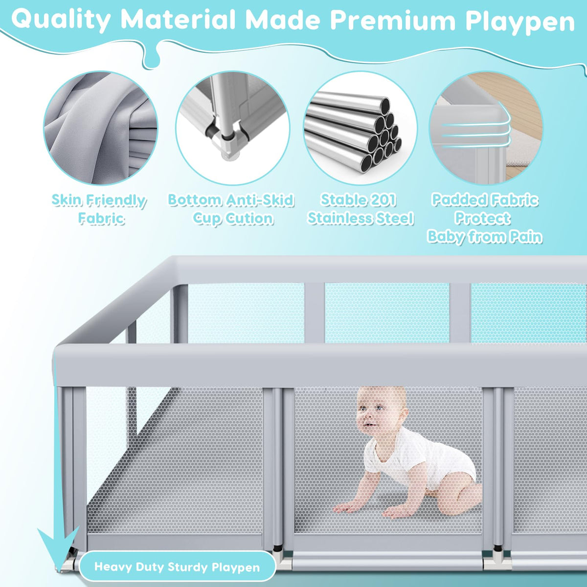 74" ×50" Large Baby Playpen with Soft Breathable Mesh, Grey S1249
