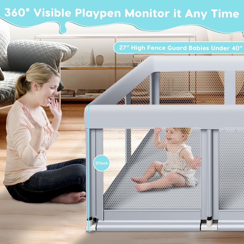 74" ×50" Large Baby Playpen with Soft Breathable Mesh, Grey S1249