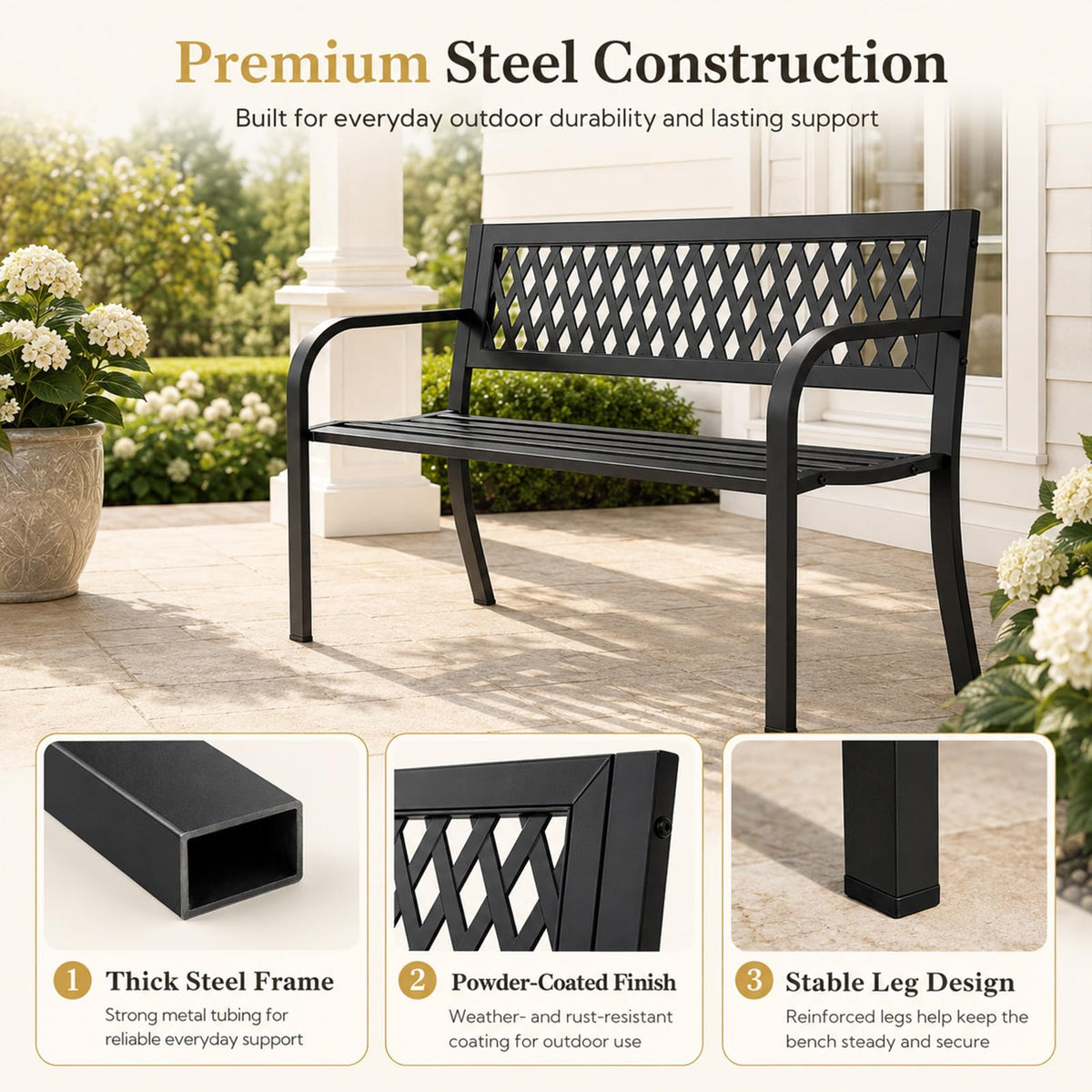 47" Black Outdoor Bench with Backrest X7730