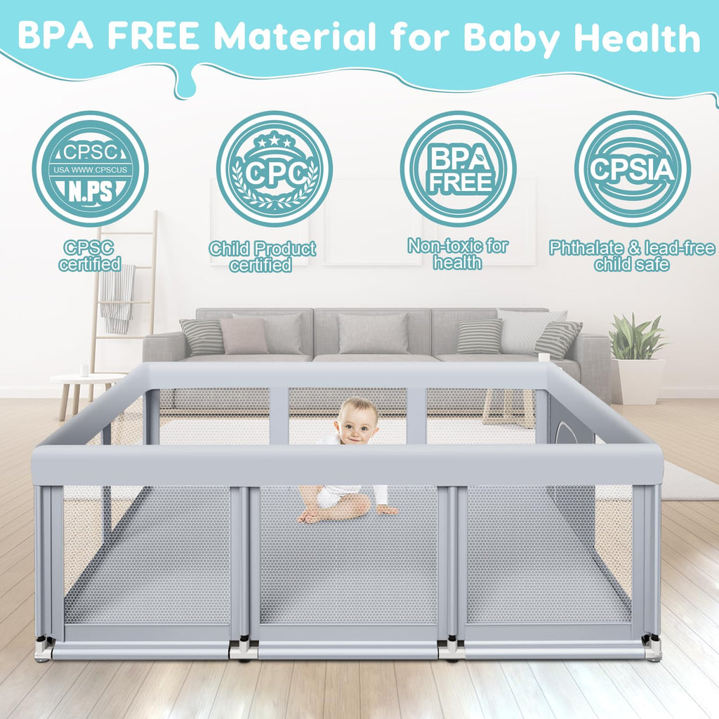 74" ×50" Large Baby Playpen with Soft Breathable Mesh, Grey S1249