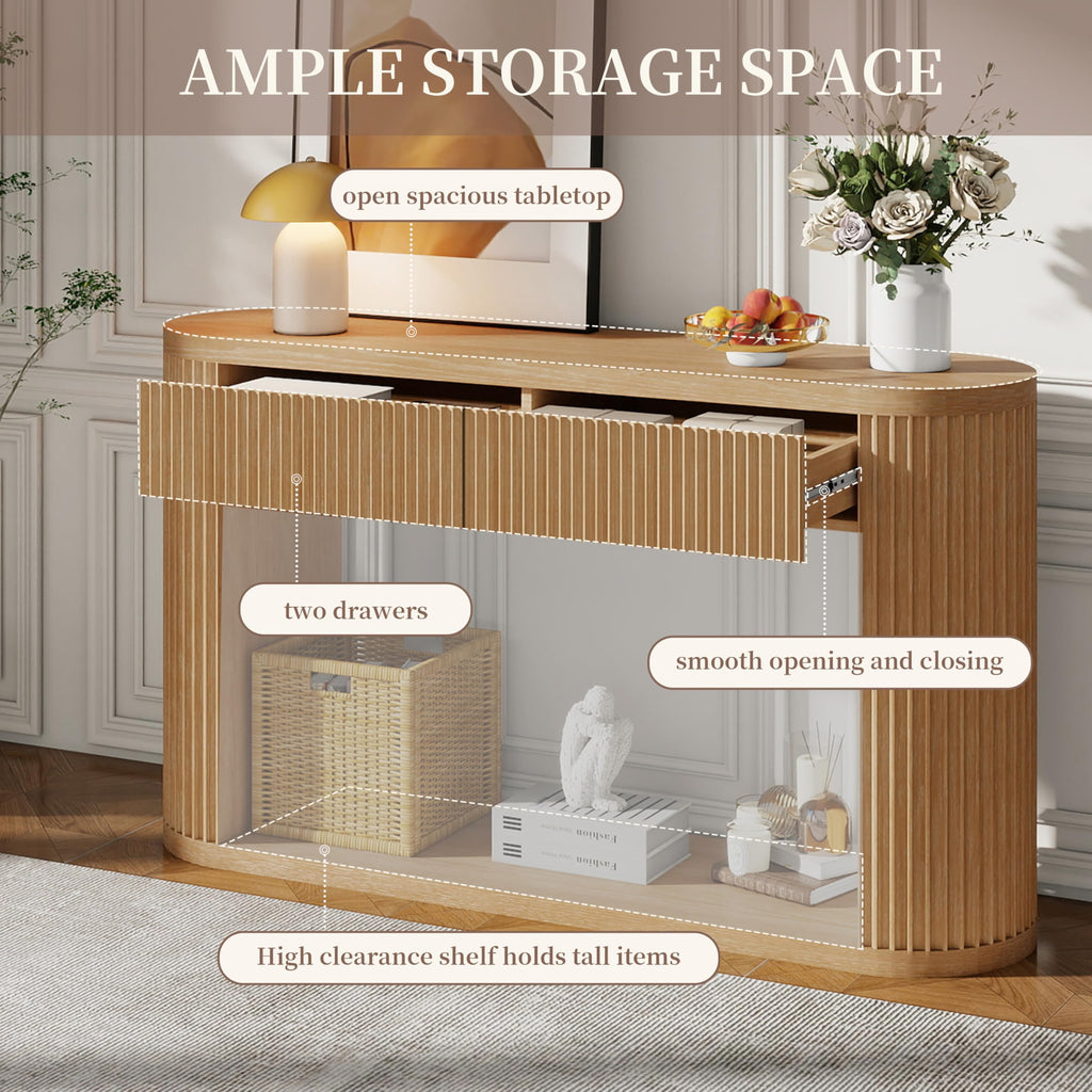 Fluted Console Table 2 Drawers Wood Natural Q251218