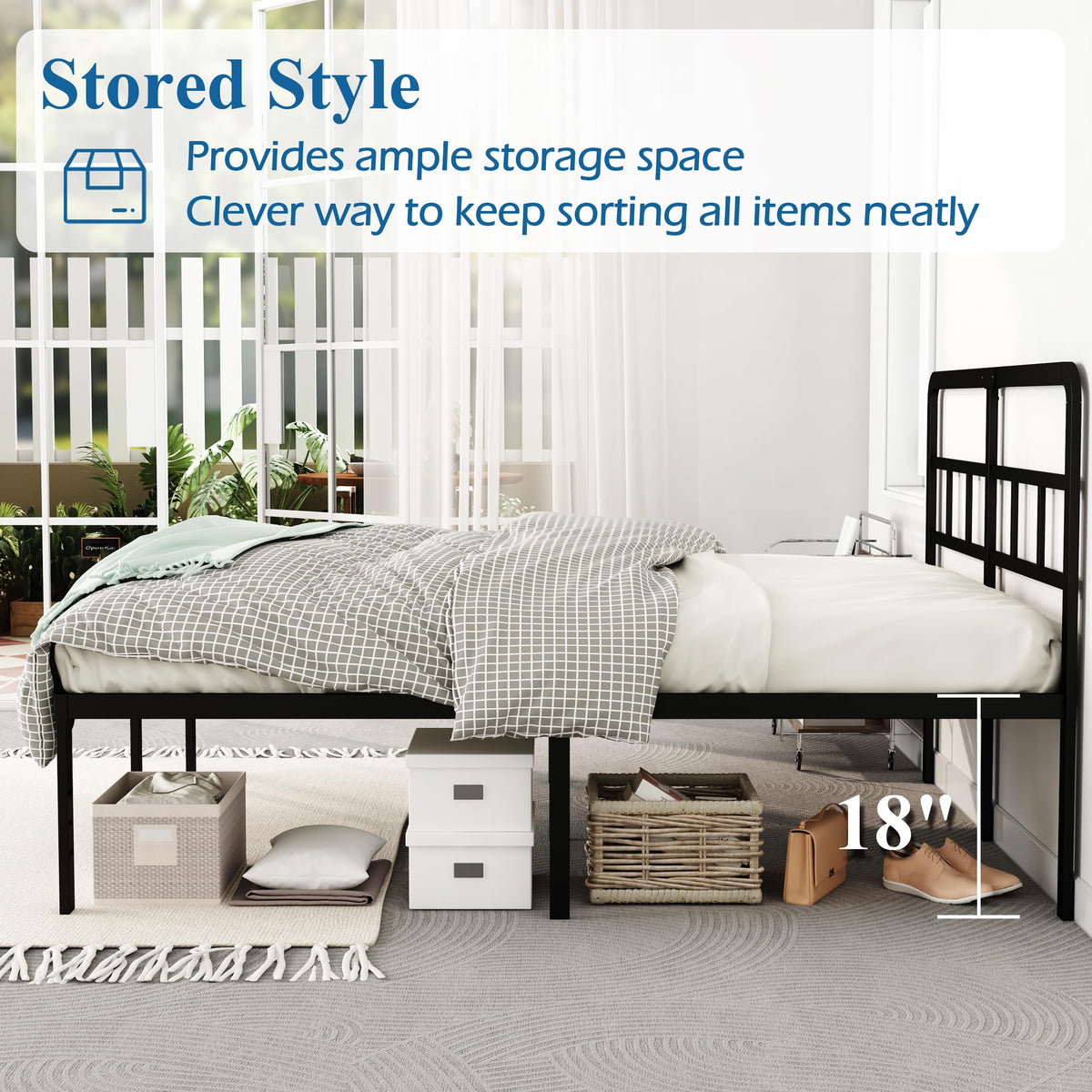 18 Inch Metal Queen Bed Frame with Headboard O3030