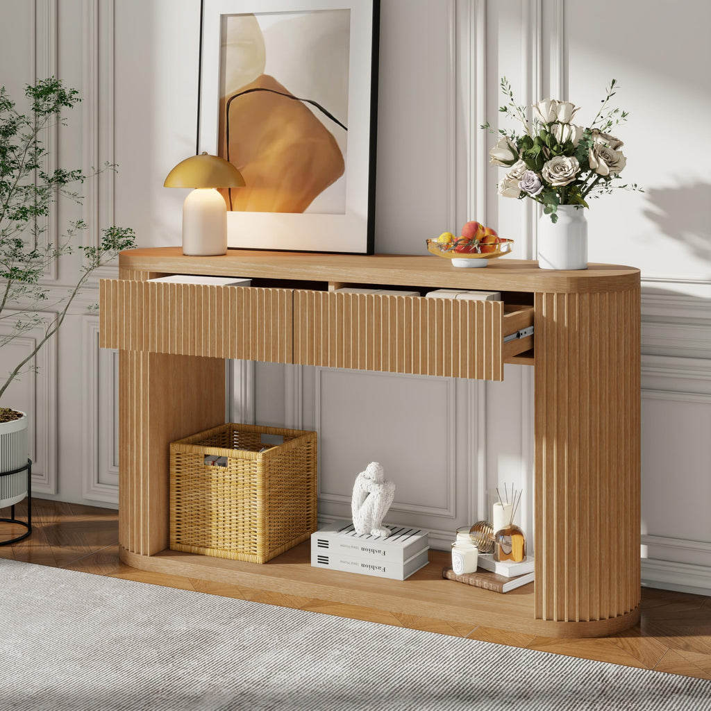 Fluted Console Table 2 Drawers Wood Natural Q251218