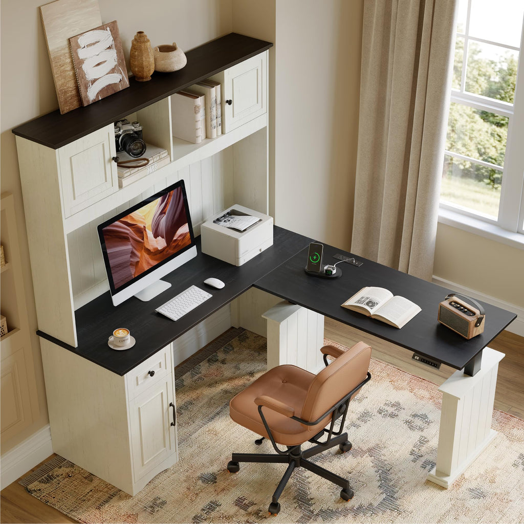 L Shaped Electric Standing Desk with Hutch and Drawers D673973