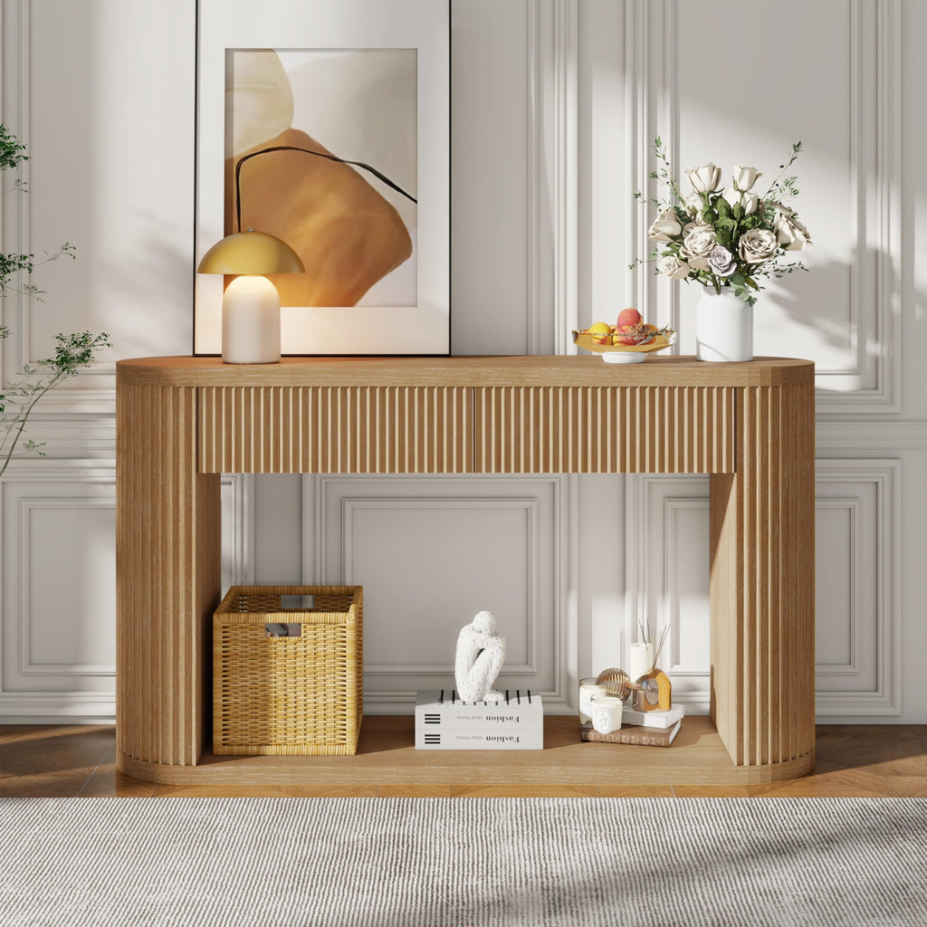Fluted Console Table 2 Drawers Wood Natural Q251218